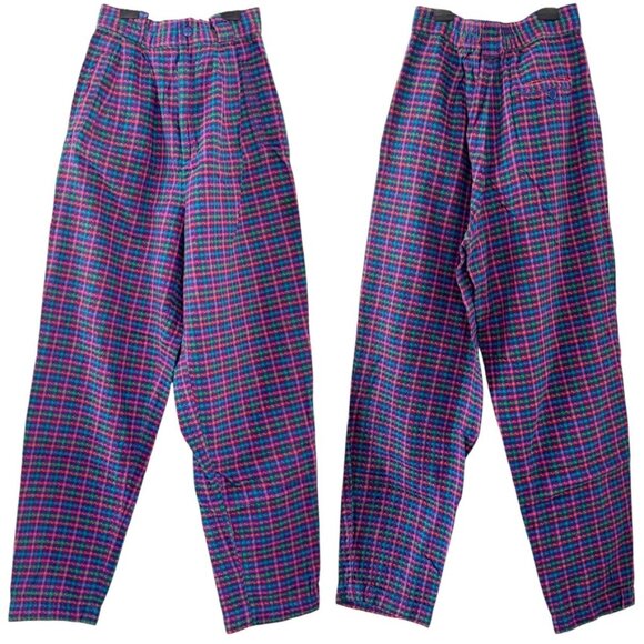 VTG 80s Heirloom Seersucker Barrel Pant Carrot Fit Colorful Plaid Elastic Waist - Picture 1 of 12